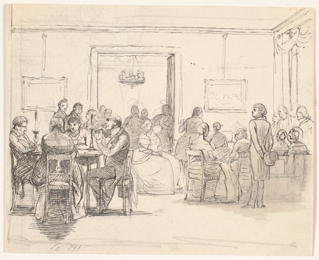 Kopenhag şirket sahnesi, t.v. kart oyuncuları, t.h. oradaki müzisyenler by Wilhelm Marstrand