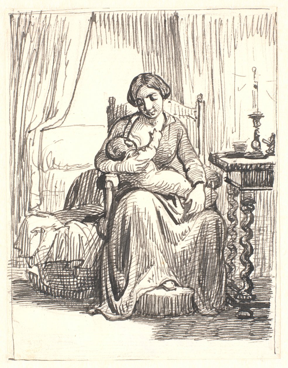 Emziren çocukları olan anne, t.h. yanan ışık by Wilhelm Marstrand