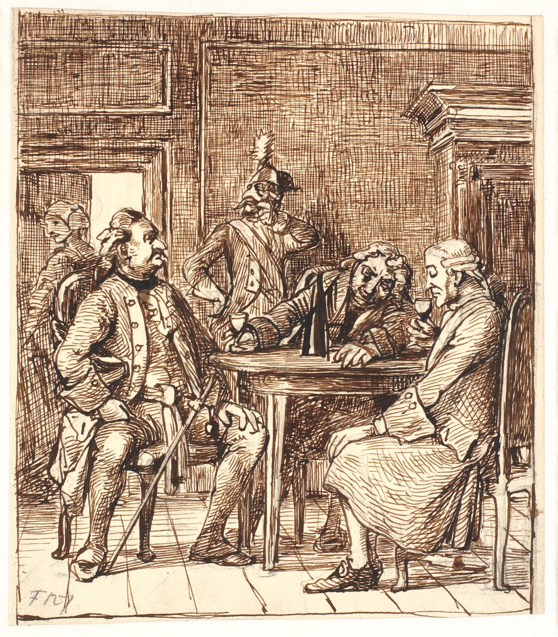 Doğumevinin Sahnesi. Corfitz, memur ve Jens Olsen ile gergedan şarabı içiyor by Wilhelm Marstrand