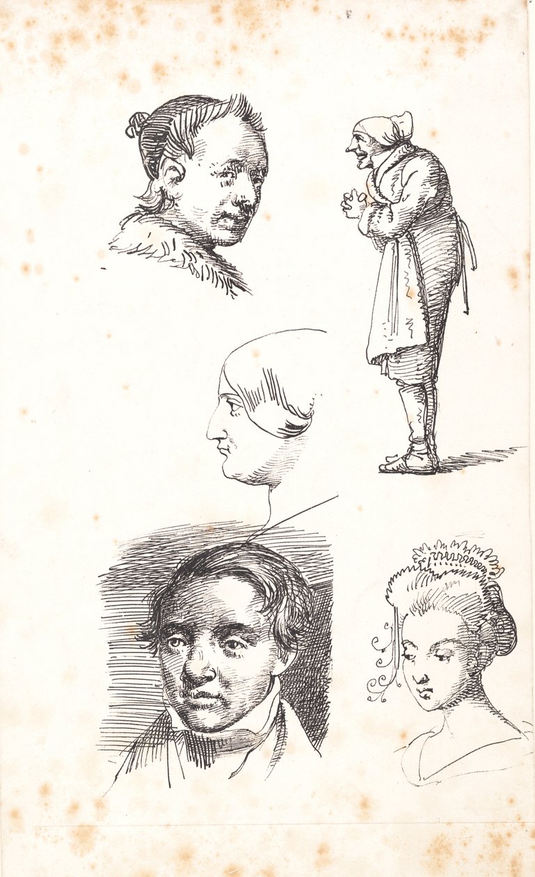 İki erkek başlı, iki kadın başlı ve ayakta duran bir adamdan oluşan çalışma sayfası by Wilhelm Marstrand