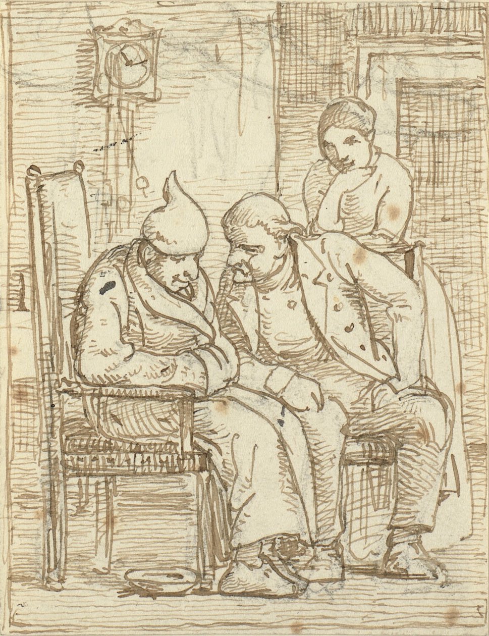 Konuşan iki adam, eski tv. gece şapkalı. Ayrıca, bir kadın by Wilhelm Marstrand