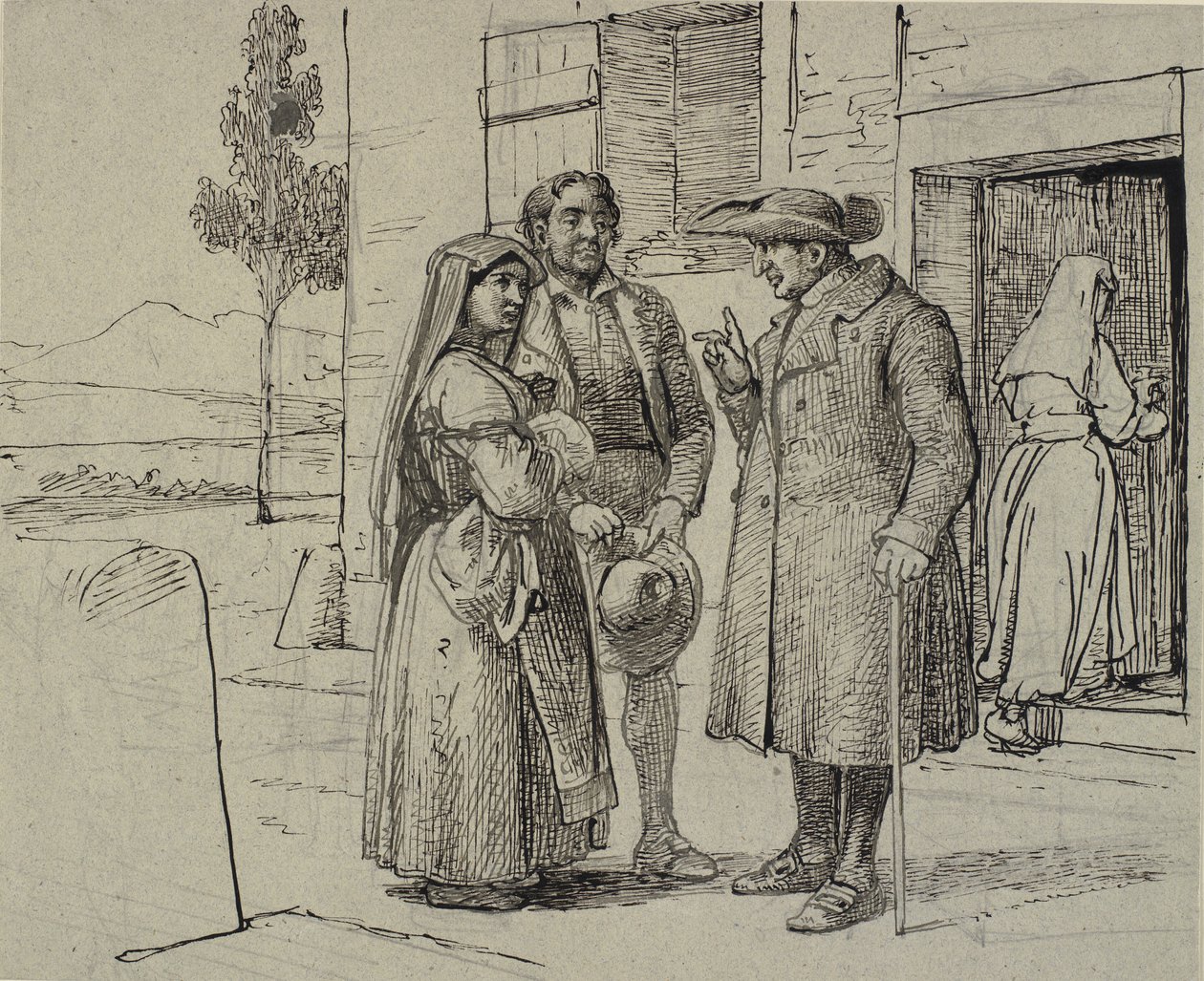 Bir evin dışında, bir rahip genç bir çifte nasihat ediyor by Wilhelm Marstrand