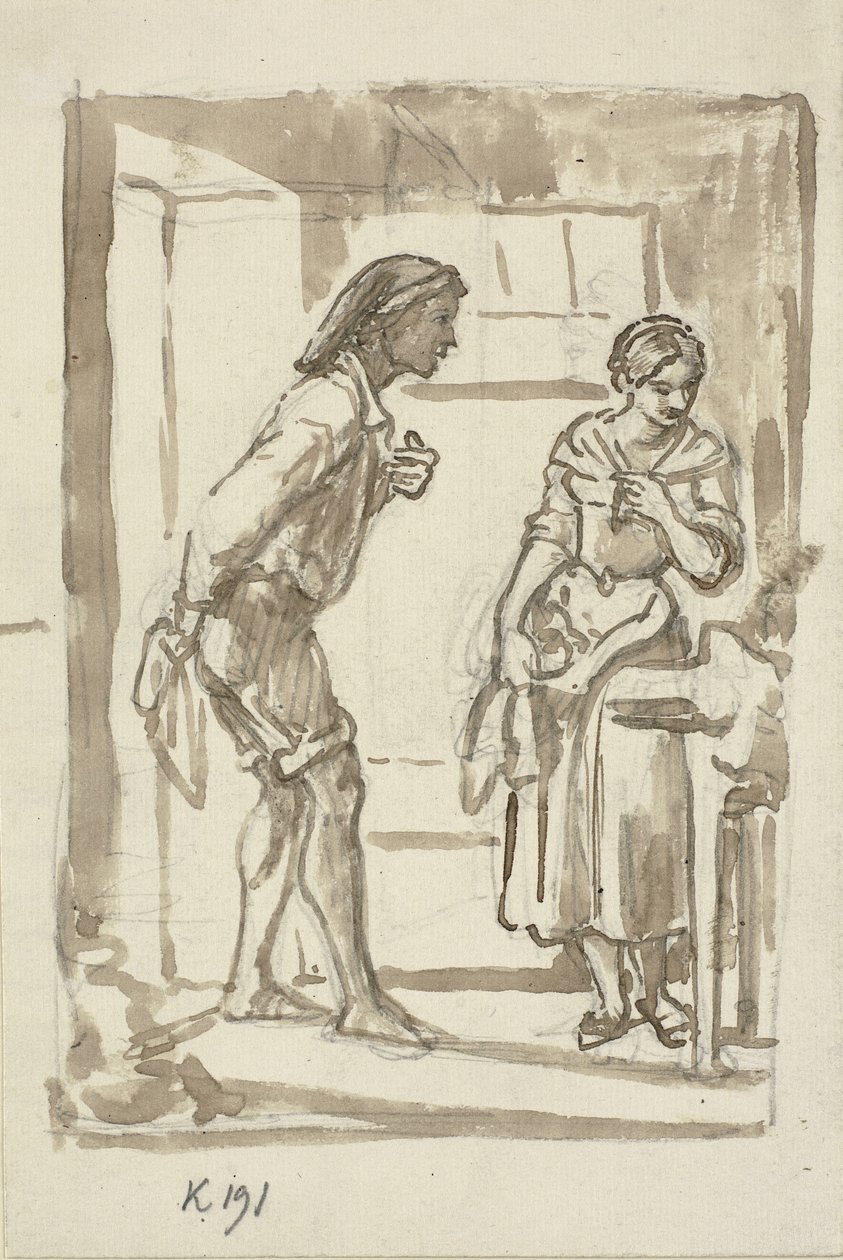 Genç balıkçı, genç bir kızın kapısına basıyor. by Wilhelm Marstrand