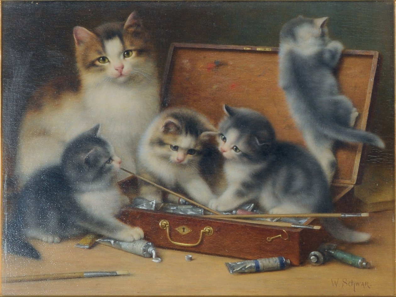 Boya Kutusunda oynayan Anne Kedi ve Yavru Kedileri (panelde yağlı boya) by Wilhelm Schwar