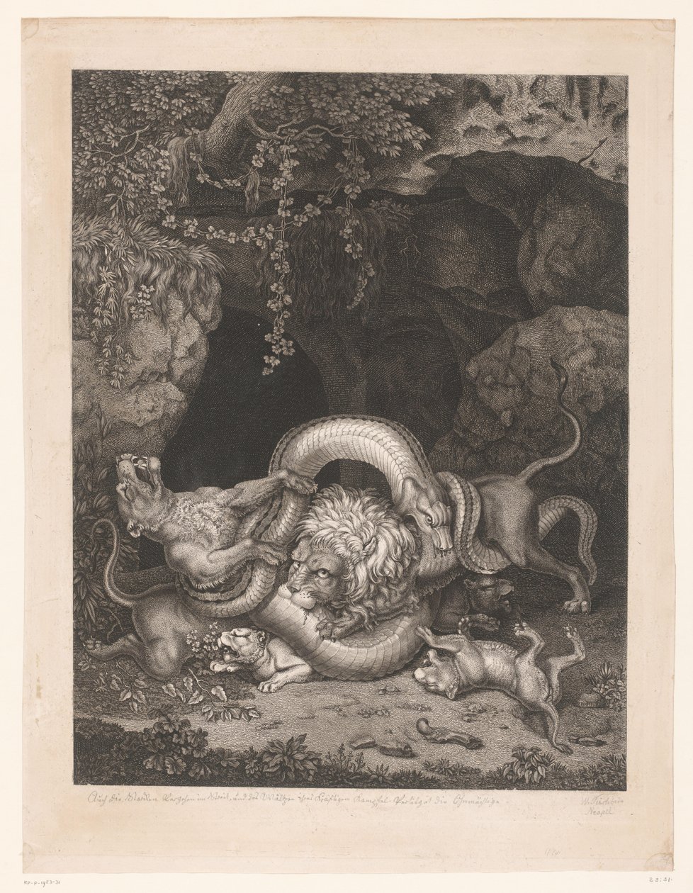 Aslan ve dişi aslan yavrularını yılandan korur by Wilhelm Tischbein
