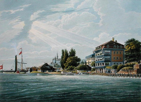 Bodmer tarafından oyulmuş Lac de Thoune üzerinde Bellevue Otel ve Pansiyon (renkli taş) by Wilhelm Ulrich Oppermann