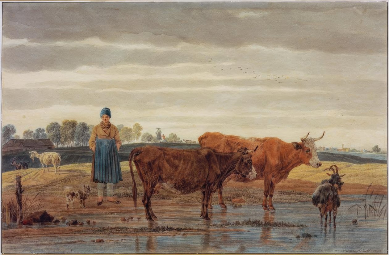 Su kenarında otlayan sığır ile çiftçinin karısı by Wilhelm von Kobell