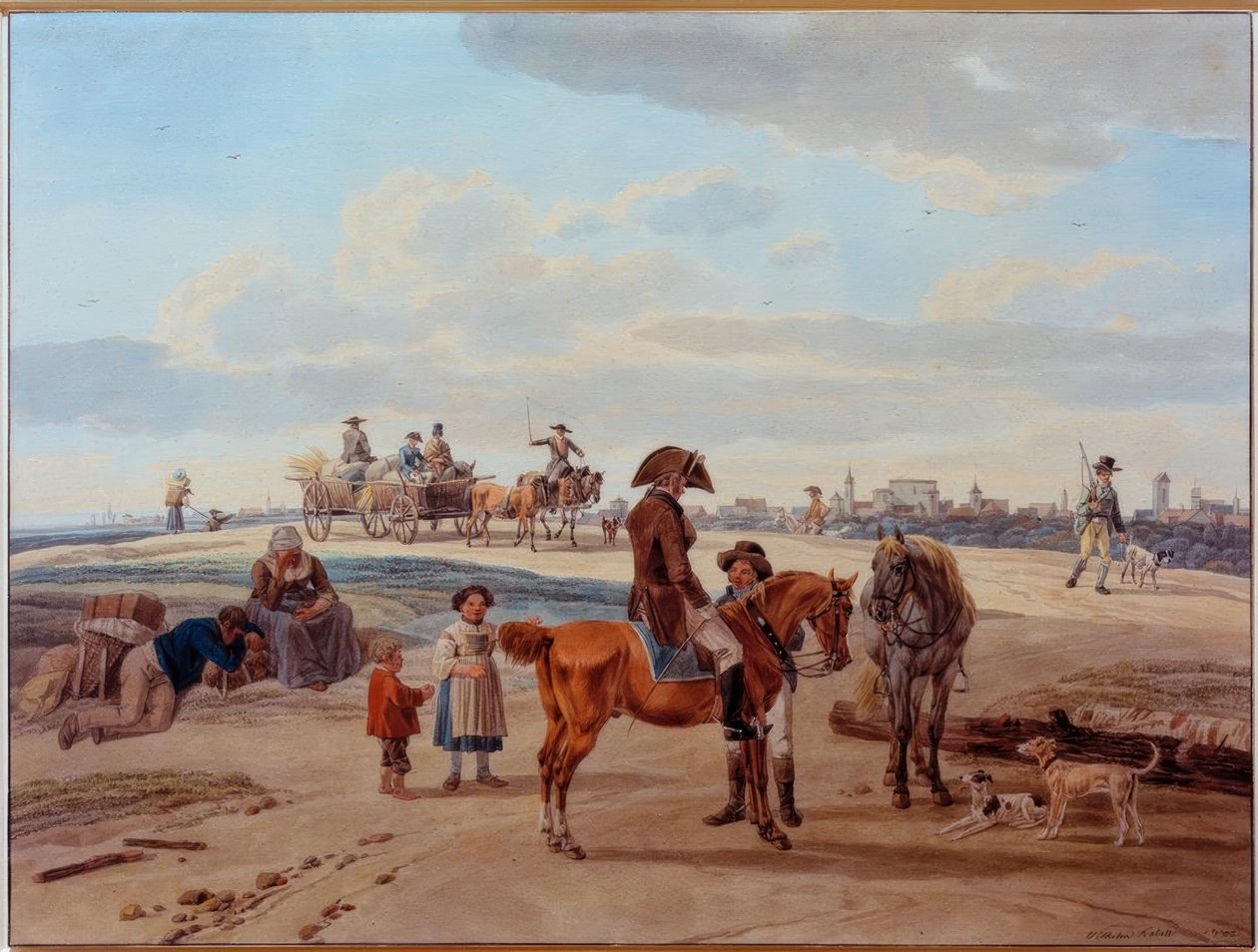 Bir kasabanın önünde atlılar, çiftçiler ve vagonlar by Wilhelm von Kobell