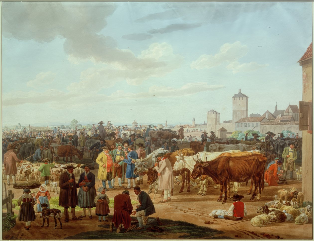 Bir kasabanın eteklerinde sığır pazarı by Wilhelm von Kobell