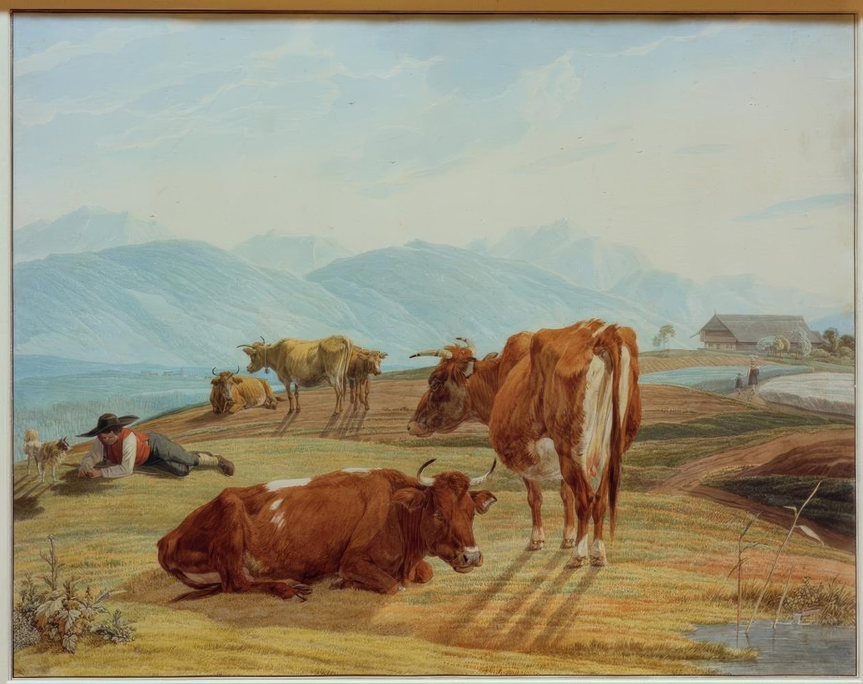 Yüksek bir dağ manzarasının önünde otlayan inekler by Wilhelm von Kobell