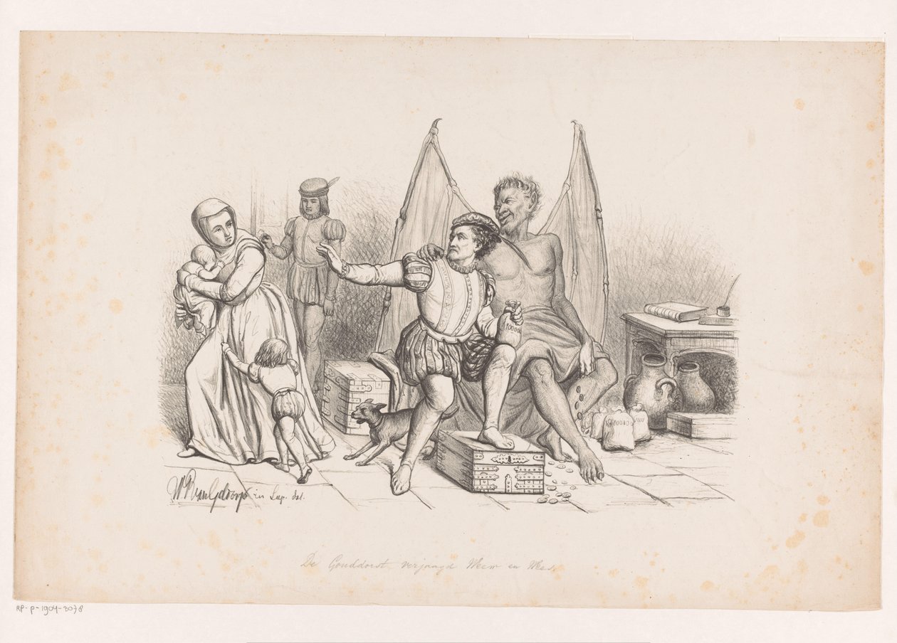 Açgözlülük tarafından ele geçirilen adam Altına susamışlık dul ve yetimleri kovalar (nesnedeki başlık) by Wilhelmus Petrus van Geldorp