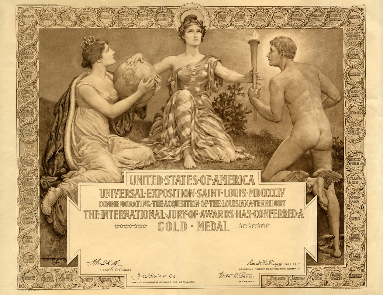 Louisiana Satın Alma Fuarı boş Altın Madalya sertifikası, 1904 by Will H. Low
