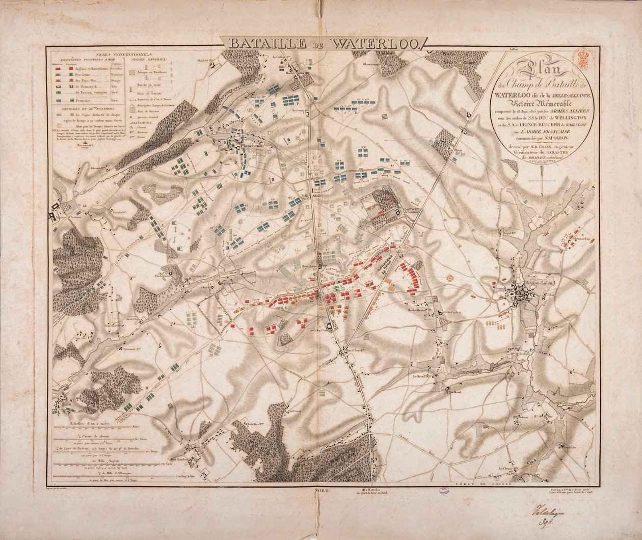 Waterloo Savaşı, Savaş Alanı Haritası, Jacowick tarafından kazınmış, 1816 by Willem Benjamin Craan