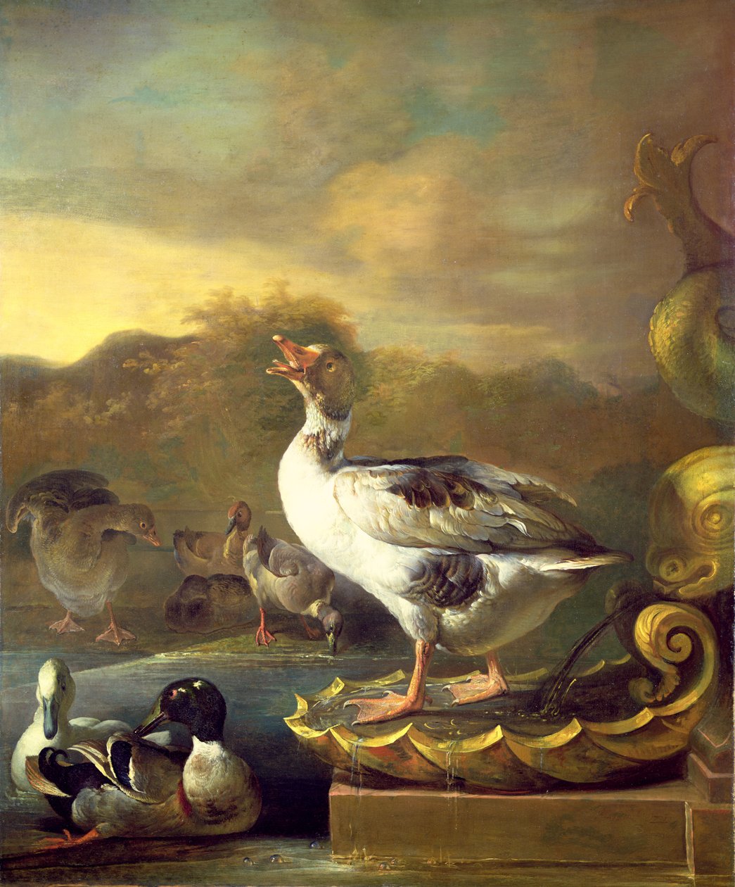 Bir Çeşmenin Yanında Bir Kaz ve Diğer Yaban Tavuğu by Willem Frederik van Royen