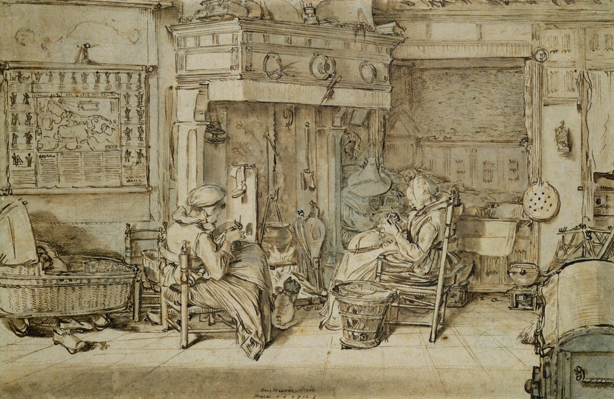 Hollanda iç mekanı, 1617 (kağıt üzerinde kalem, mürekkep ve fırça) by Willem Pietersz Buytewech