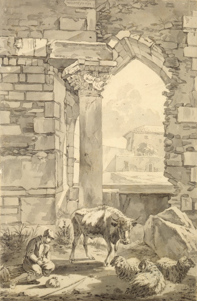 Bir harabede inek ve koyun ile çoban, 1693 (kağıt üzerinde kalem ve gri mürekkep ve kurşun kalem) by Willem Romeyn