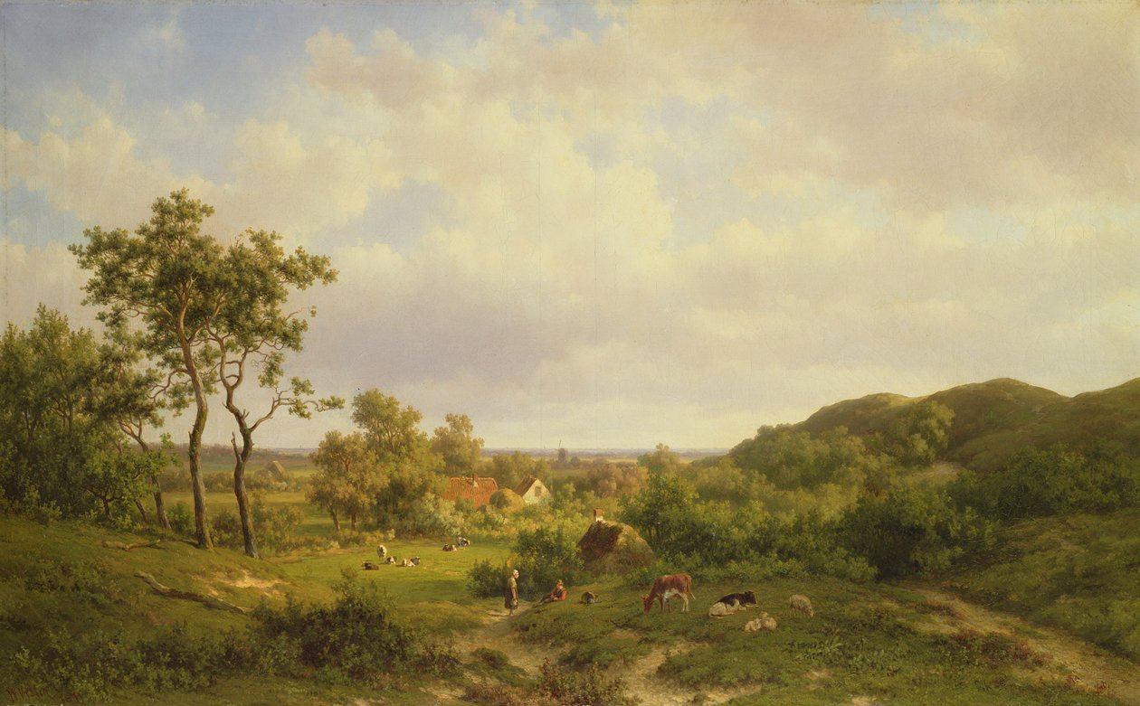İnekler ve figürler ile Hollanda Manzarası, 19. yüzyıl by Willem Vester