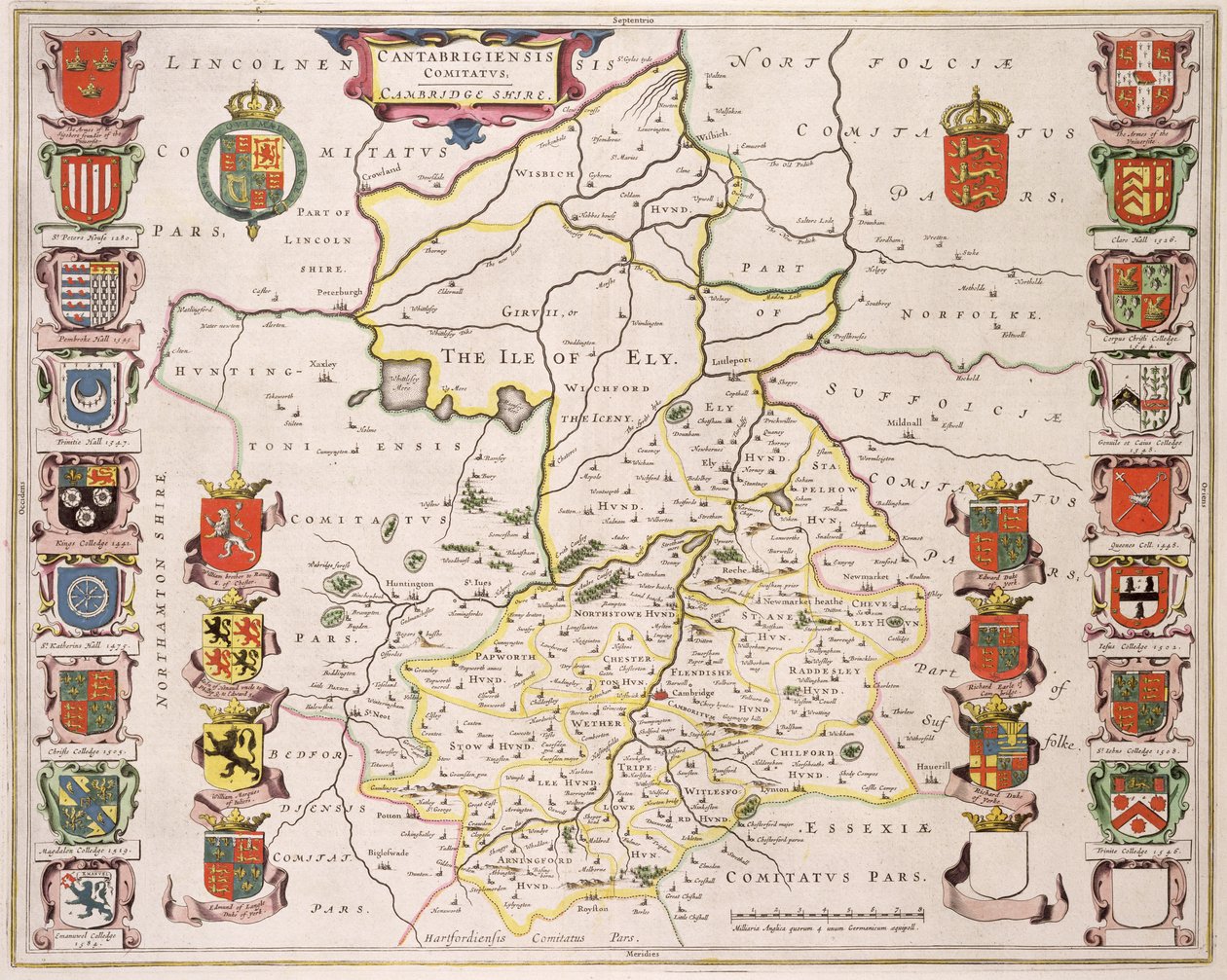 Cambridgeshire Haritası, yayınlanan Amsterdam c.1647-48 (el renkli gravür) by Joan Blaeu