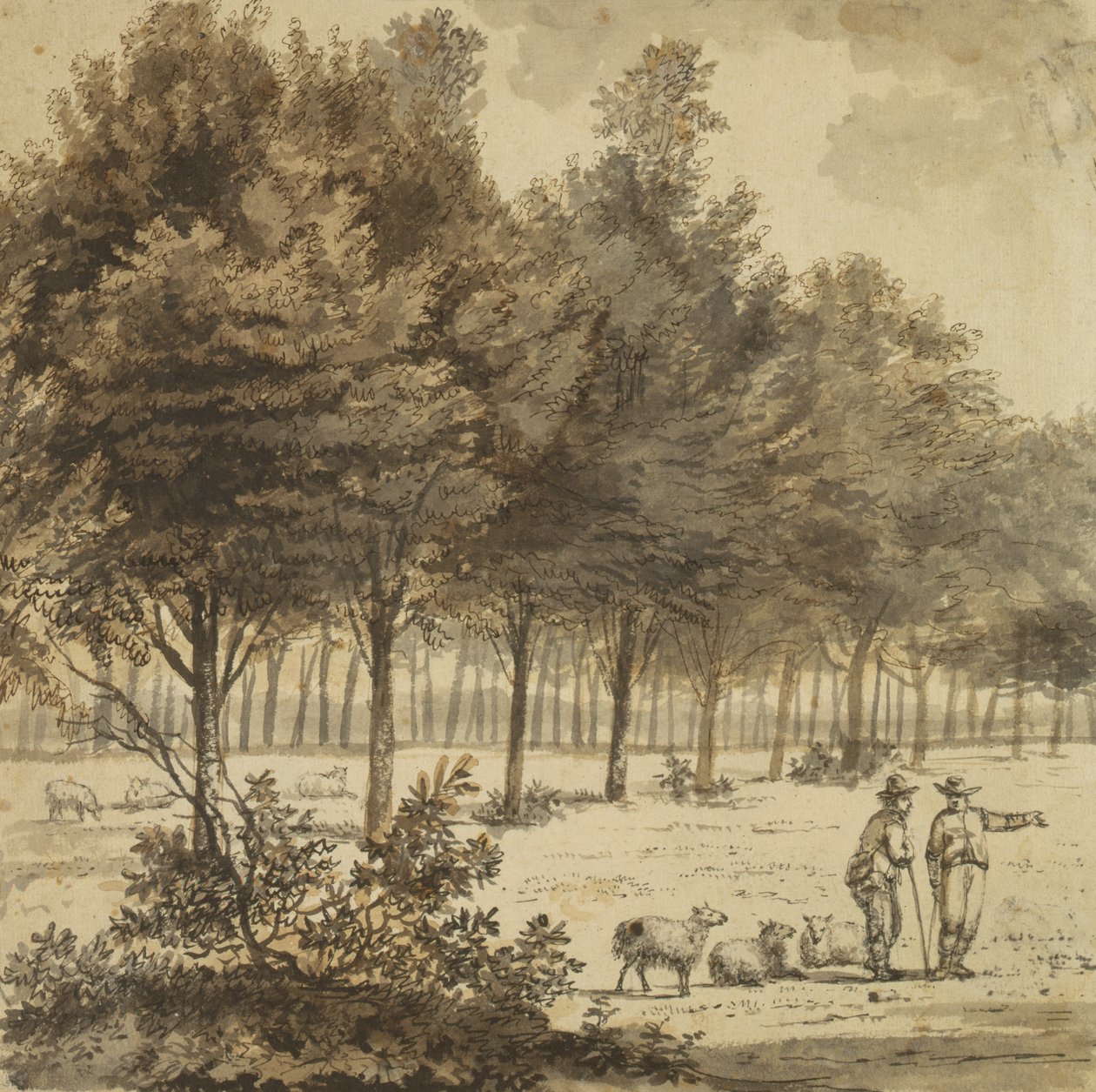 İki Çoban ve bir Cadde (kalem, fırça ve kağıt üzerine gri mürekkep) by Willem de Heusch