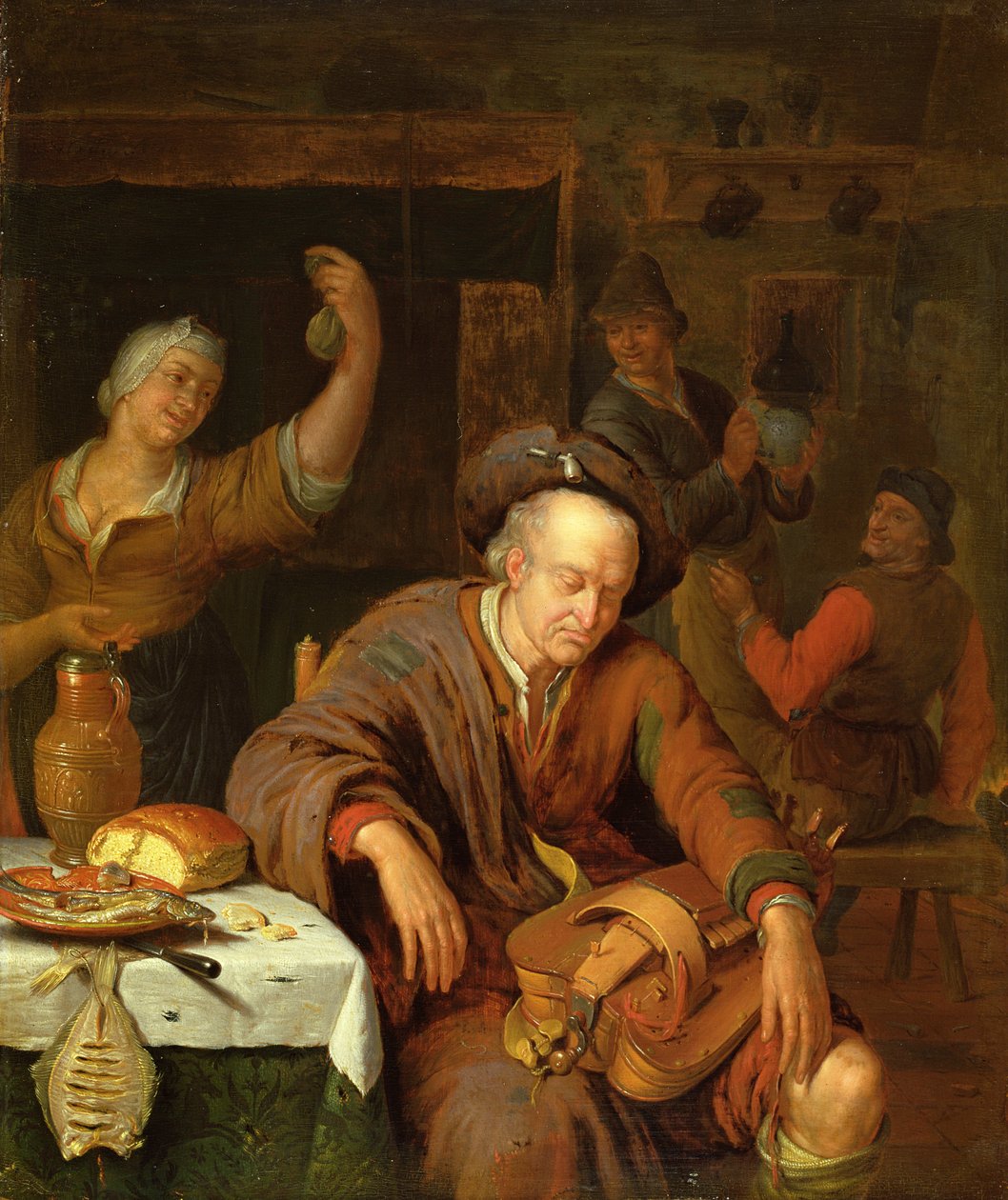 Bir Tavernada Uyuyan Hurdy Gurdy Oyuncusu by Willem Van Mieris