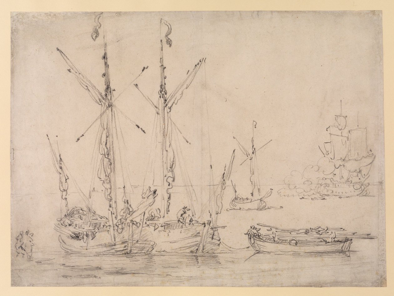 Haliç Sahnesi: Üç Galliot, bir Mavna ve Salute ateşleyen bir Fırkateyn, c.1675 (kağıt üzerinde grafit) by Willem van de Velde