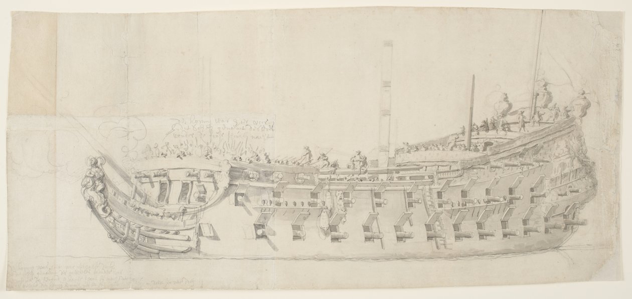 Fransız Man-O-War Royale Thérese, 1673 (orta, pürüzsüz krema kaplı kağıt üzerinde gri yıkamalı siyah tebeşir) by Willem van de Velde