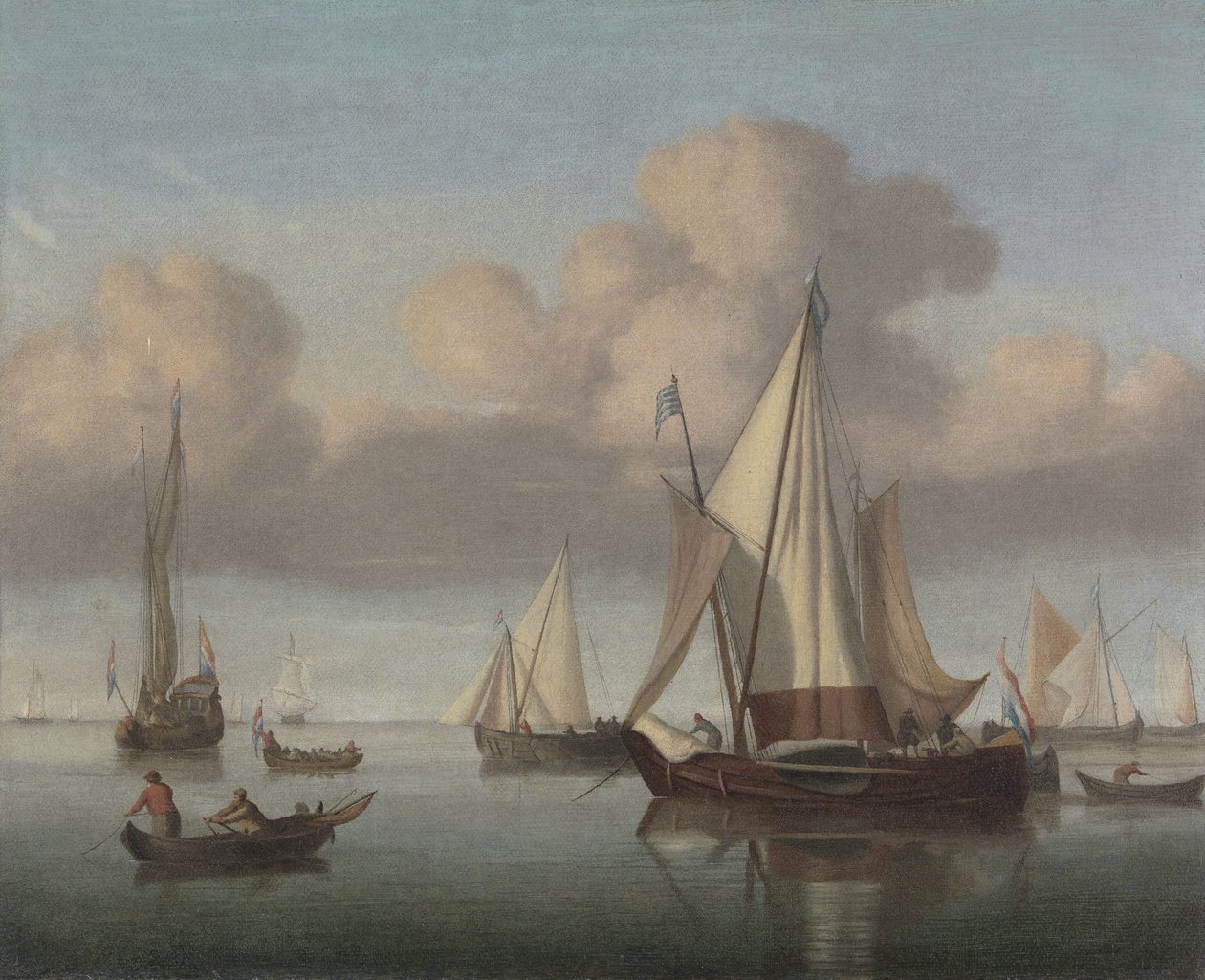 Yelkenleri Kaldırılmış Çapada Bir Kaag ve Bir Devlet Yatı ve Diğer Gemi by Willem van de Velde the Younger