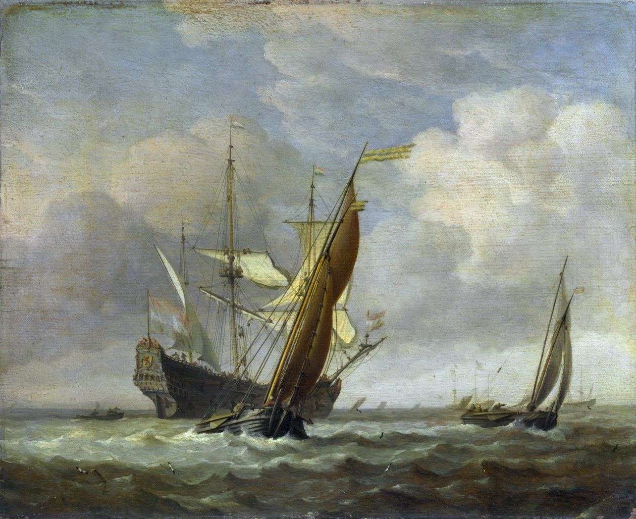 Bir Esinti İçinde İki Küçük Gemi ve Hollandalı Bir Savaş Adamı by Willem van de Velde the Younger