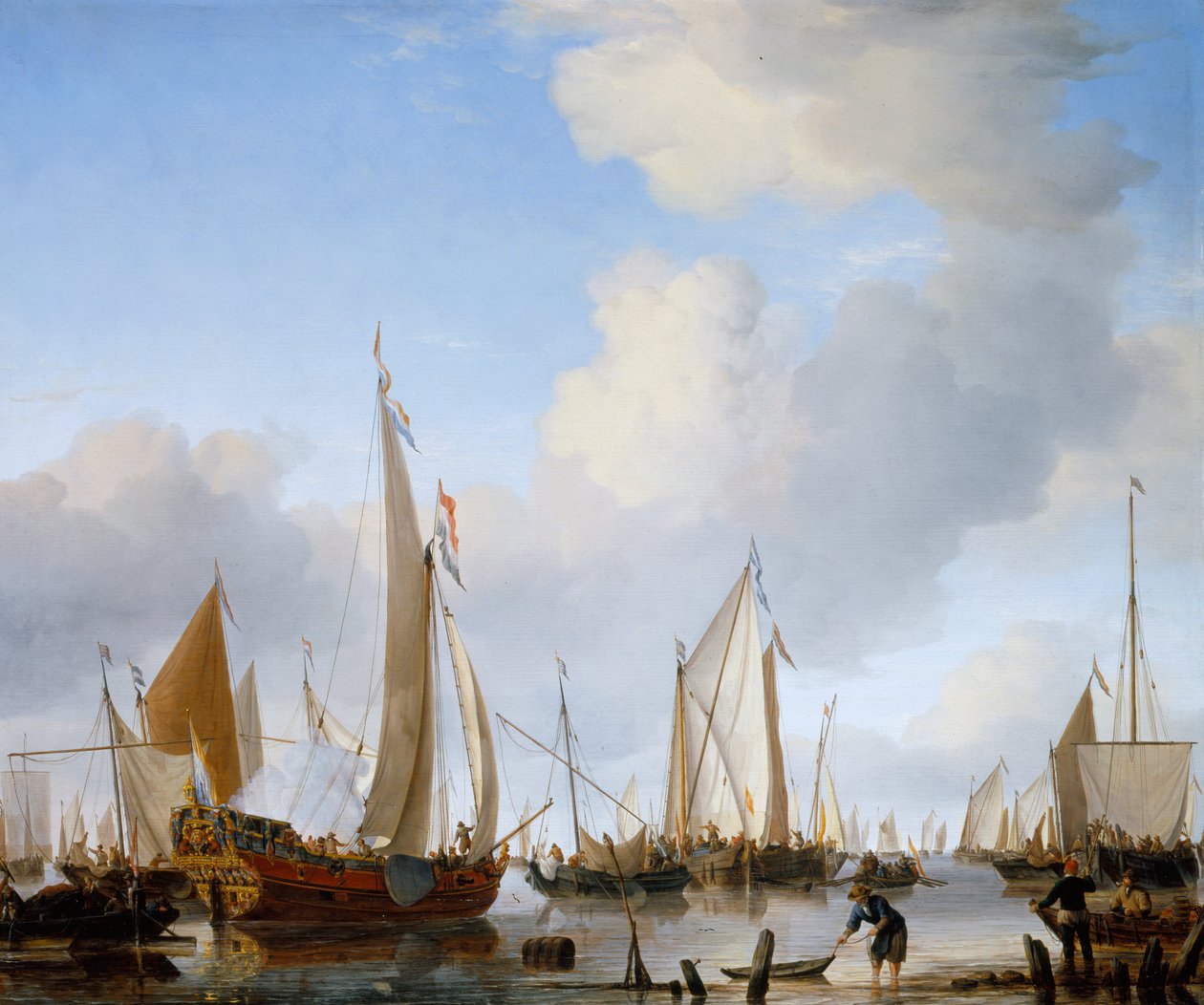 Sakin - Diğer birçok Gemi ile Kıyıya Yakın Yelken Altında Bir Devlet Yatı by Willem van de Velde the Younger