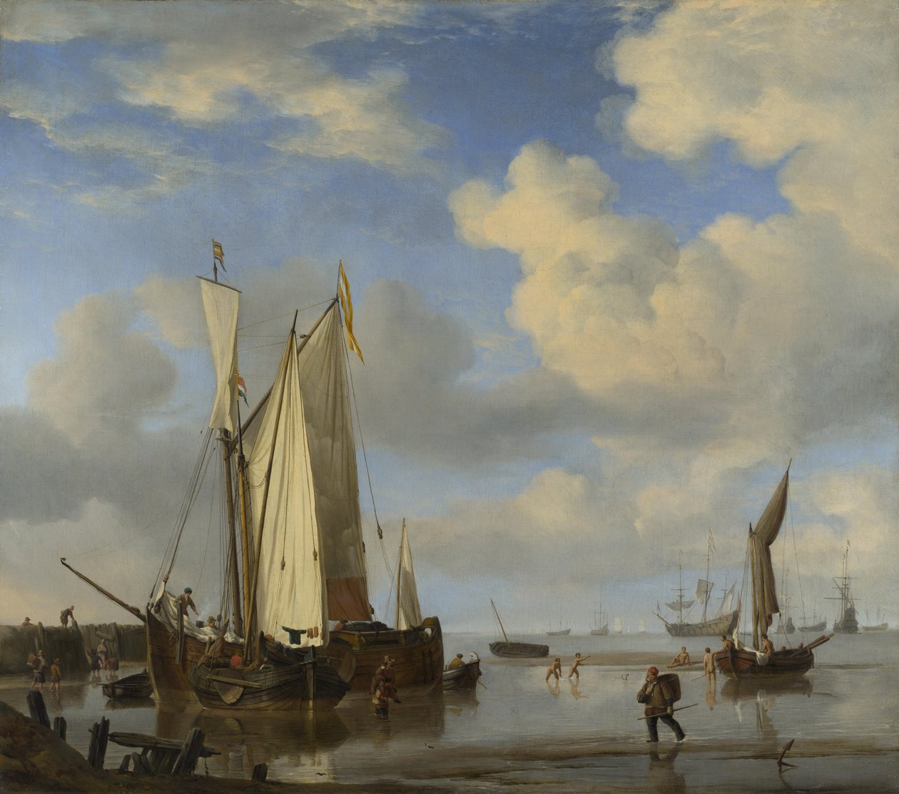 Hollanda Gemileri Alçak Gelgitte Kıyıyı Kapatıyor ve Erkekler Yıkanıyor by Willem van de Velde the Younger