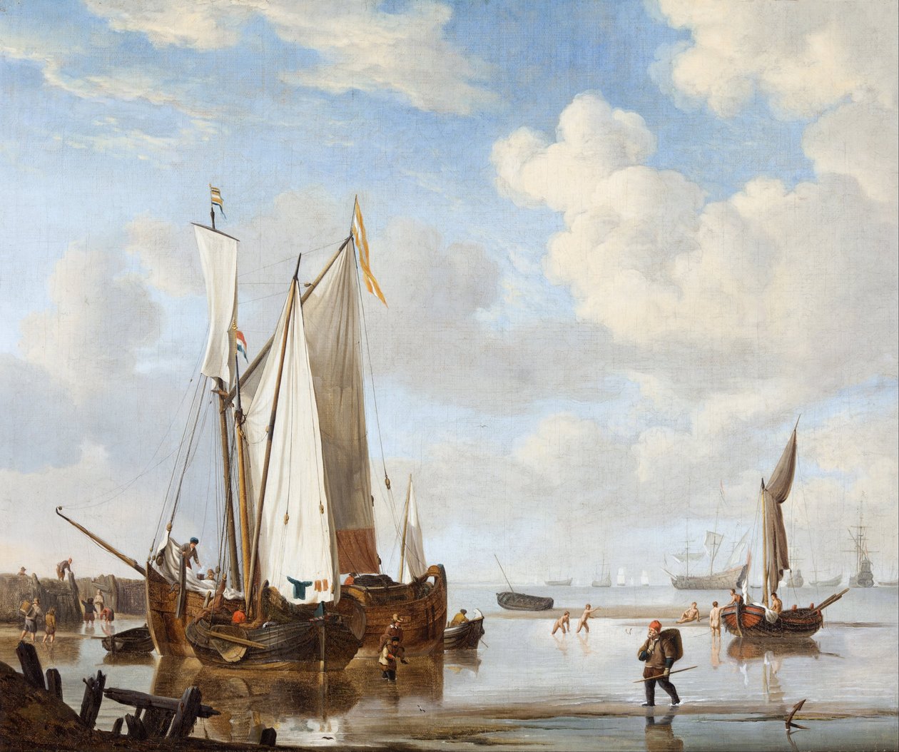 A wijdschip and a kaag in an inlet close to a sea-wall  by Willem Velde Younger and the de van workshop