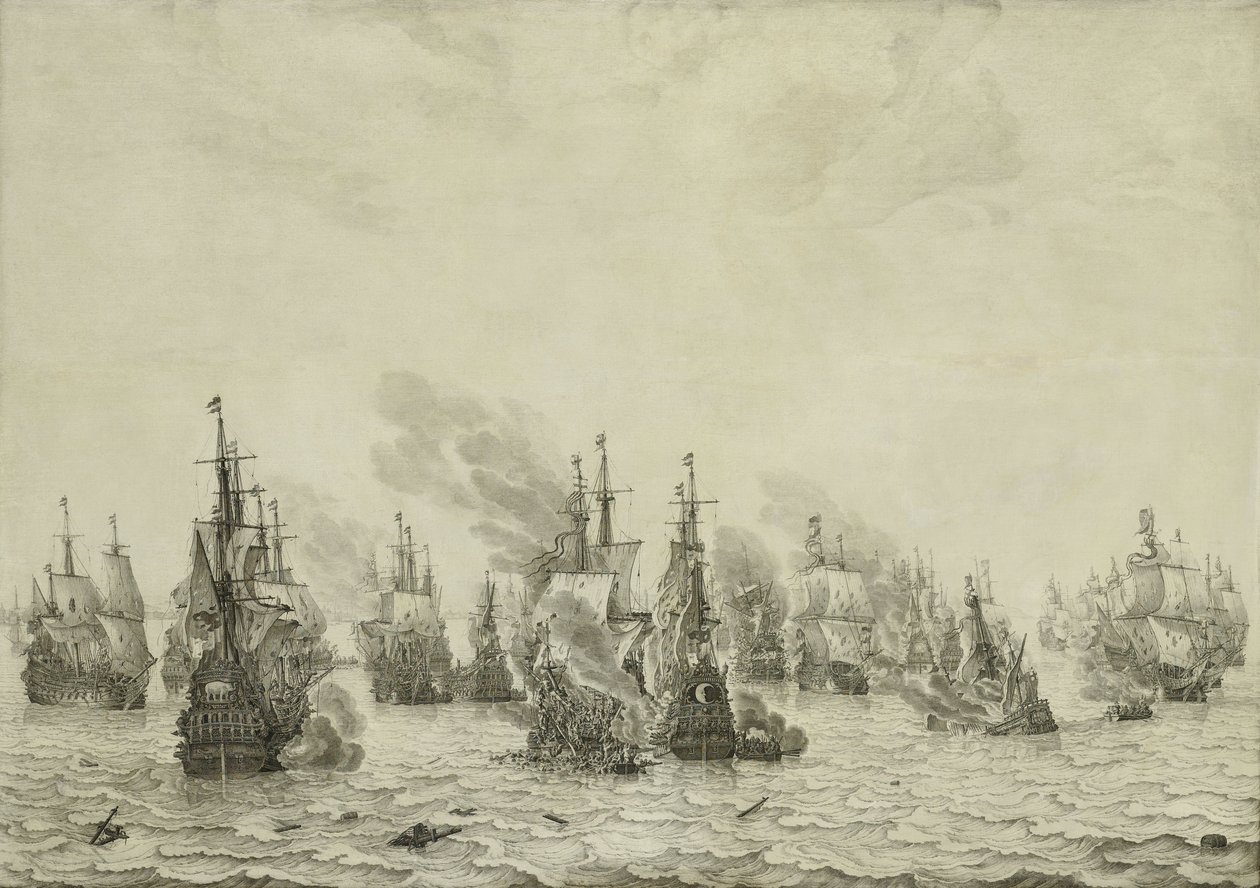 The Battle of Livorno or Leghorn, c.1659-99 (pen painting on panel) by Willem van de Velde the Elder