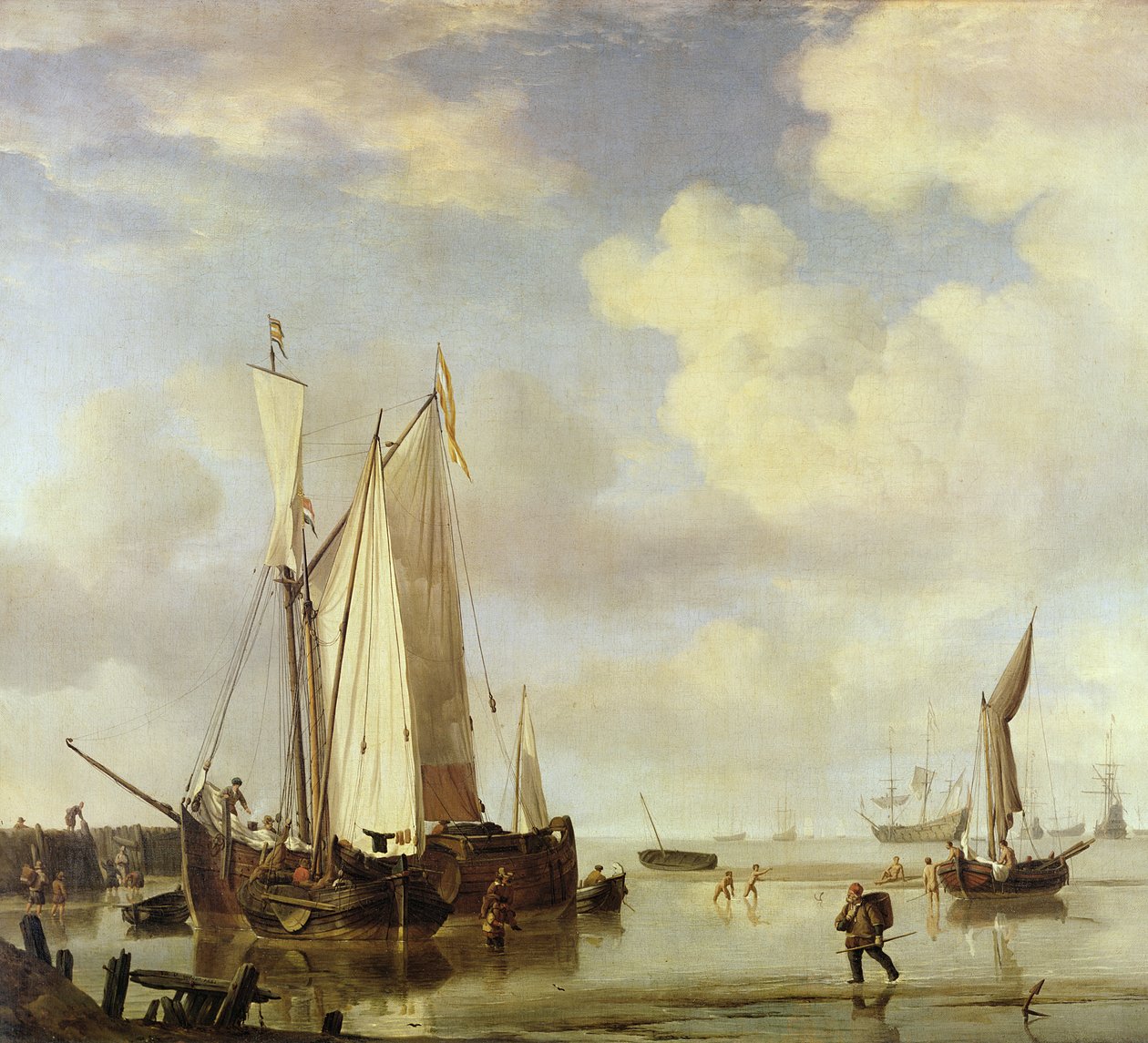 Hollanda Gemileri Kıyıda ve Erkeklerin Yıkanması, 1661 by Willem van de Velde the Younger