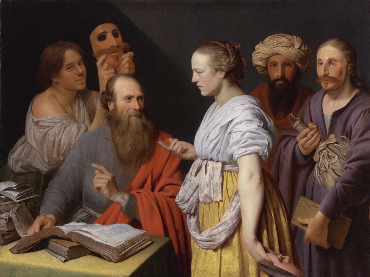 Maskeli figürlerle yaptığı çalışmada bir bilgin by Willem van der Vliet