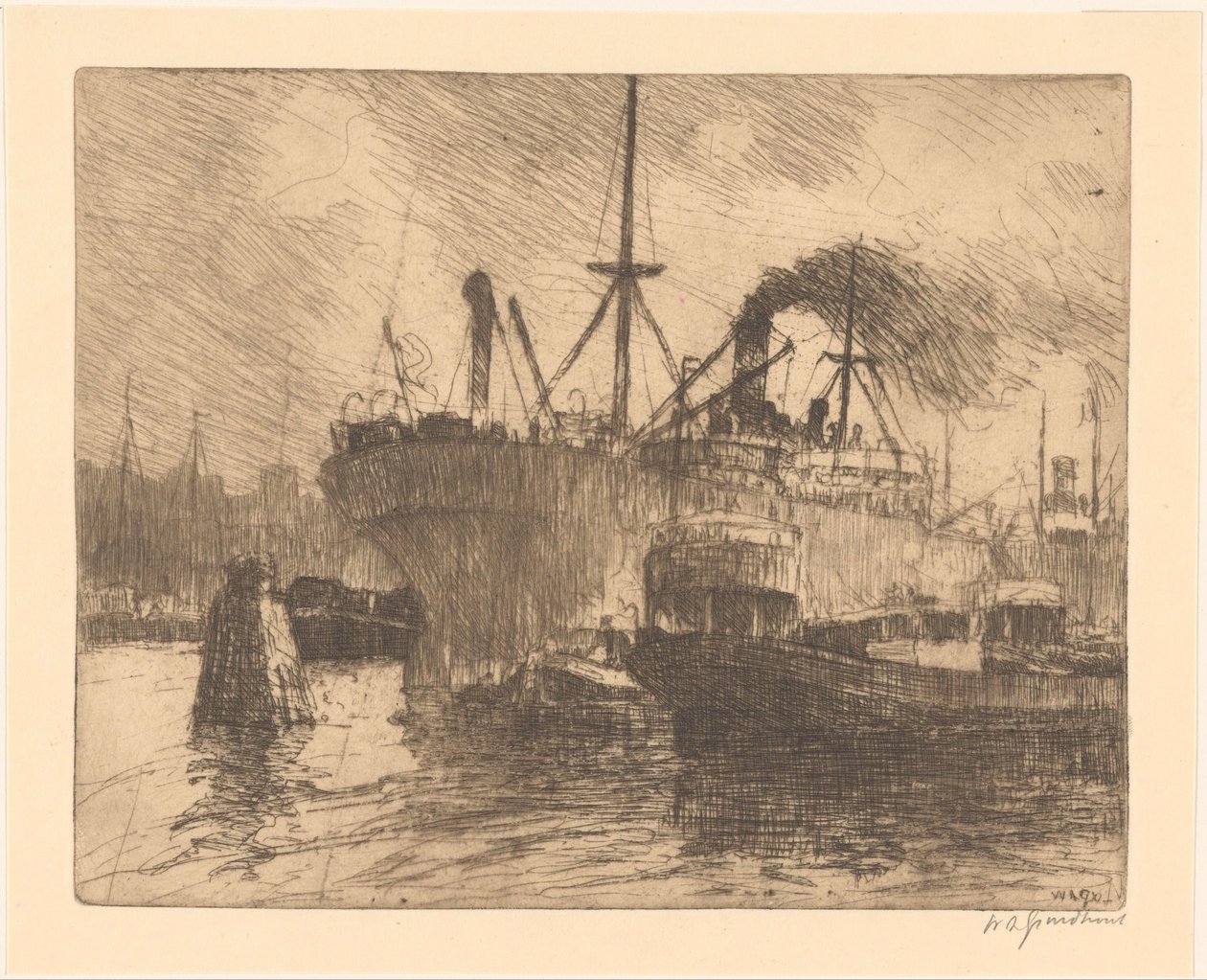 Rotterdam limanında demirli gemiler by Willem Adrianus Grondhout (signed by artist)