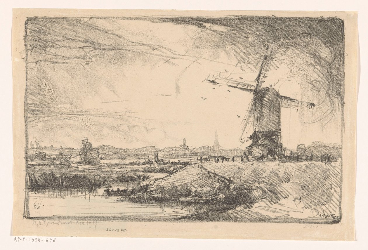 Leiden yakınlarında yel değirmeni ile manzara by Willem Adrianus Grondhout (signed by artist)