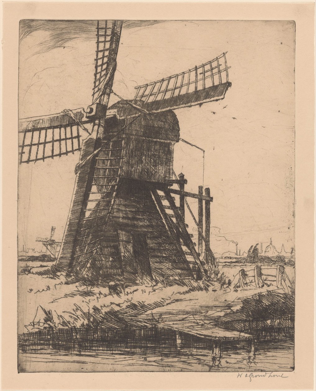 Leiden yakınlarındaki su üzerinde yel değirmeni by Willem Adrianus Grondhout (signed by artist)