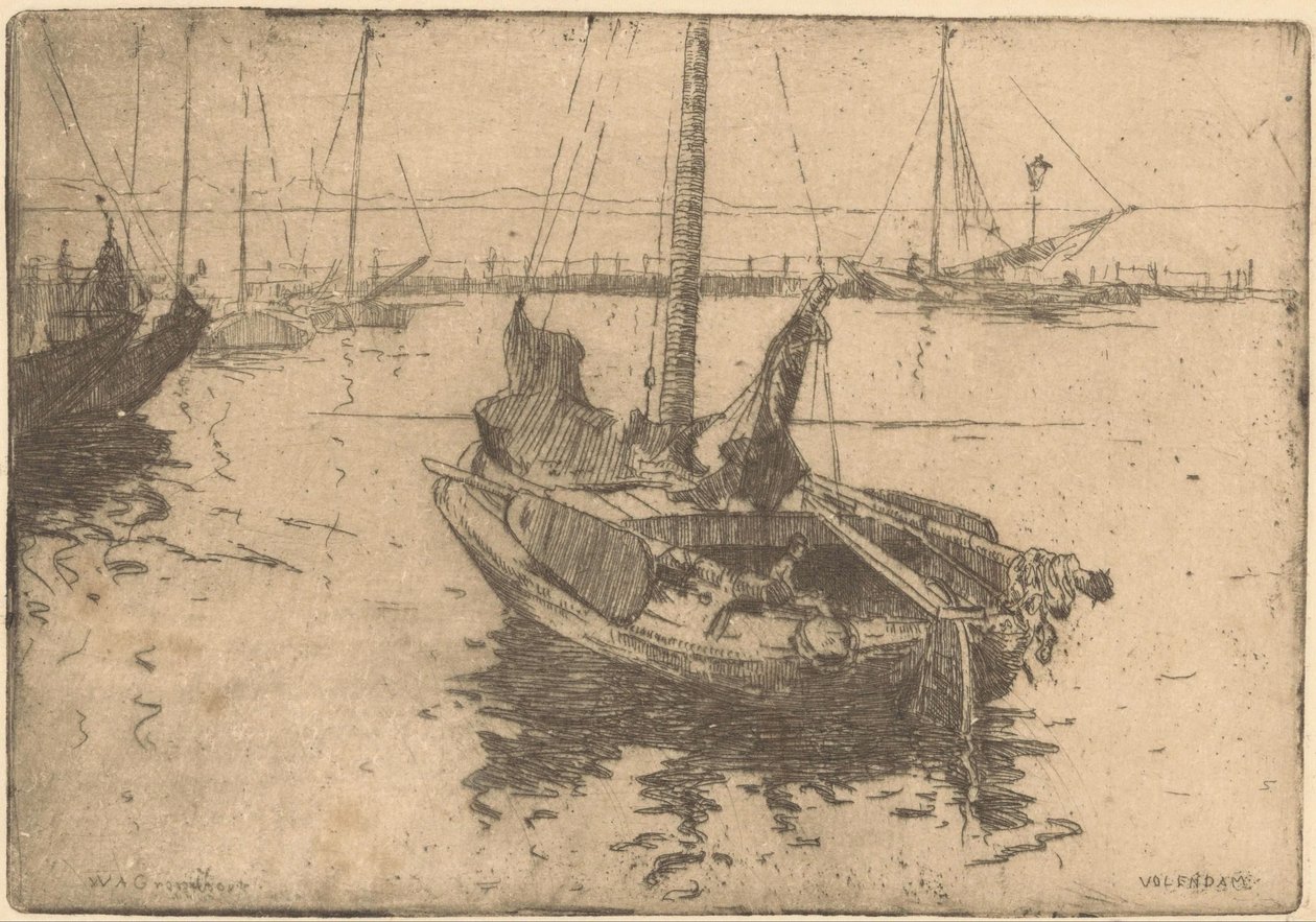 Volendam limanındaki mavnalar by Willem Adrianus Grondhout (signed by artist)