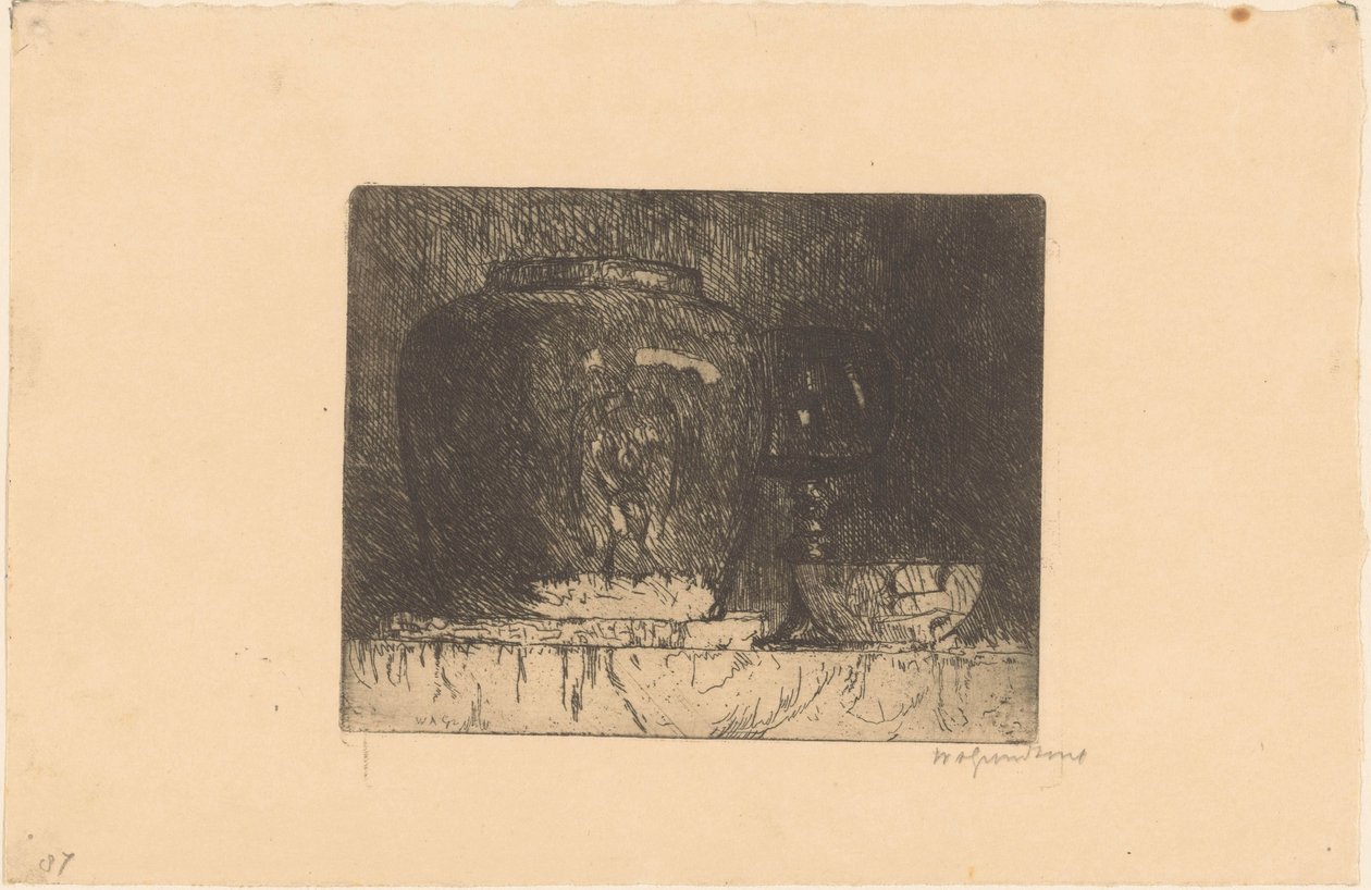 Zencefil kavanozu, şarap kadehi ve kase ile natürmort by Willem Adrianus Grondhout (signed by artist)