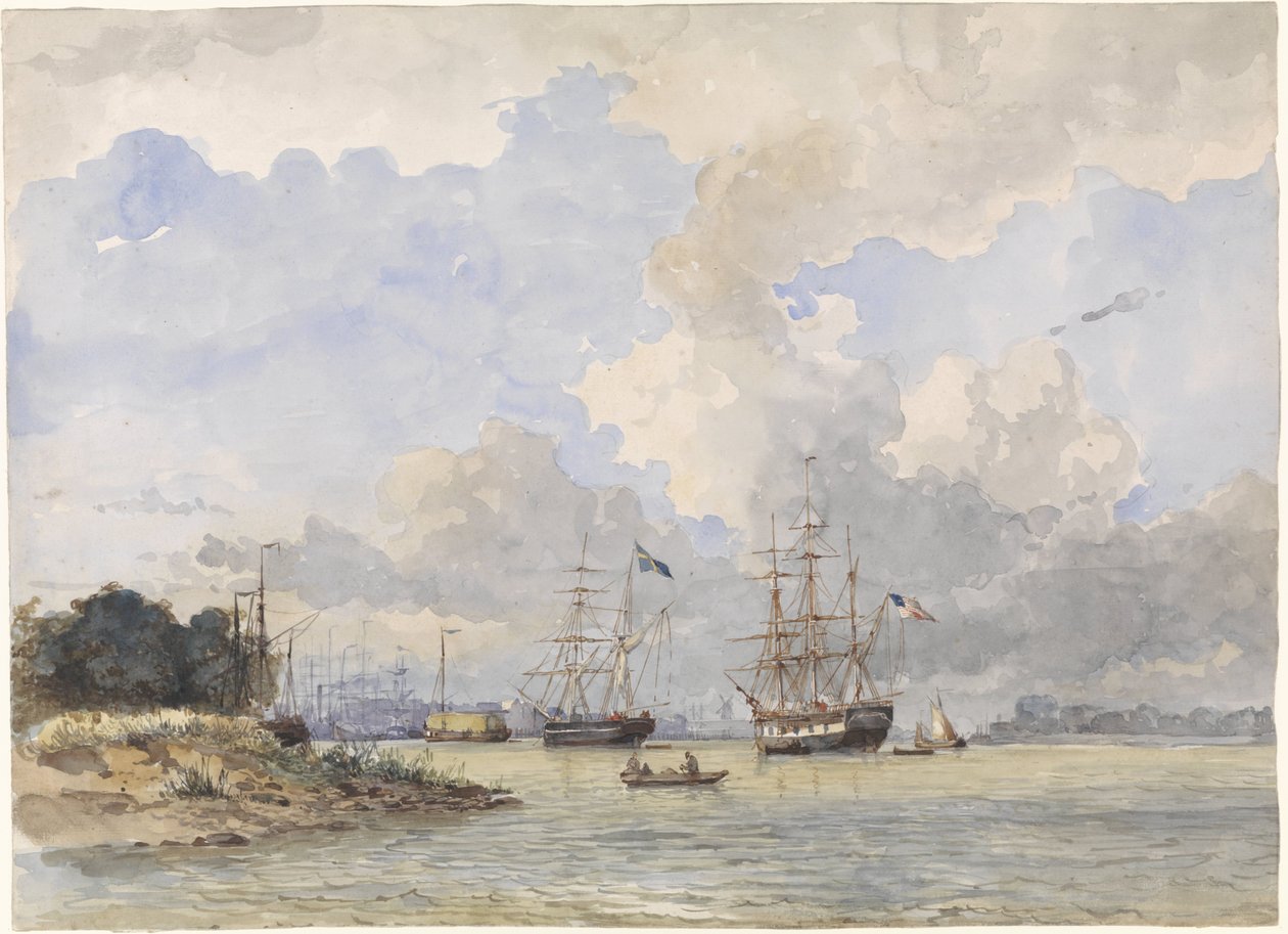 Bir Amerikan ve İsveç gemisiyle Rotterdam için Maas by Willem Anthonie van Deventer