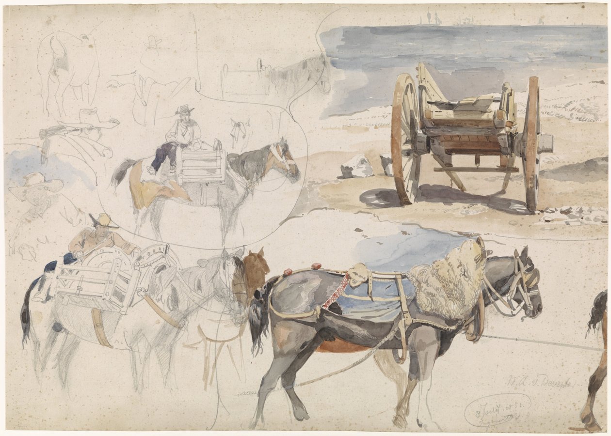 Sahilde deniz kabuğu arabası ile çalışma sayfası ve çeşitli at çalışmaları by Willem Anthonie van Deventer