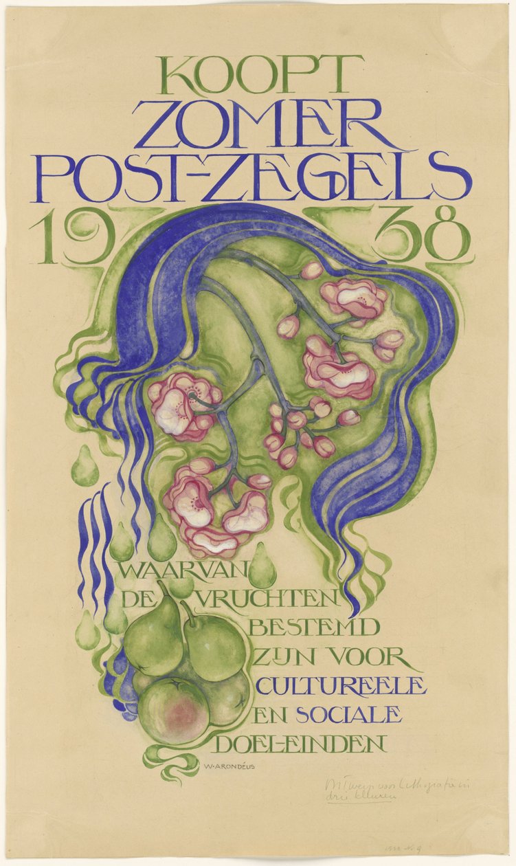 1938 yılı için yaz pullarının satışı için bir poster tasarımı by Willem Arondéus (signed by artist)