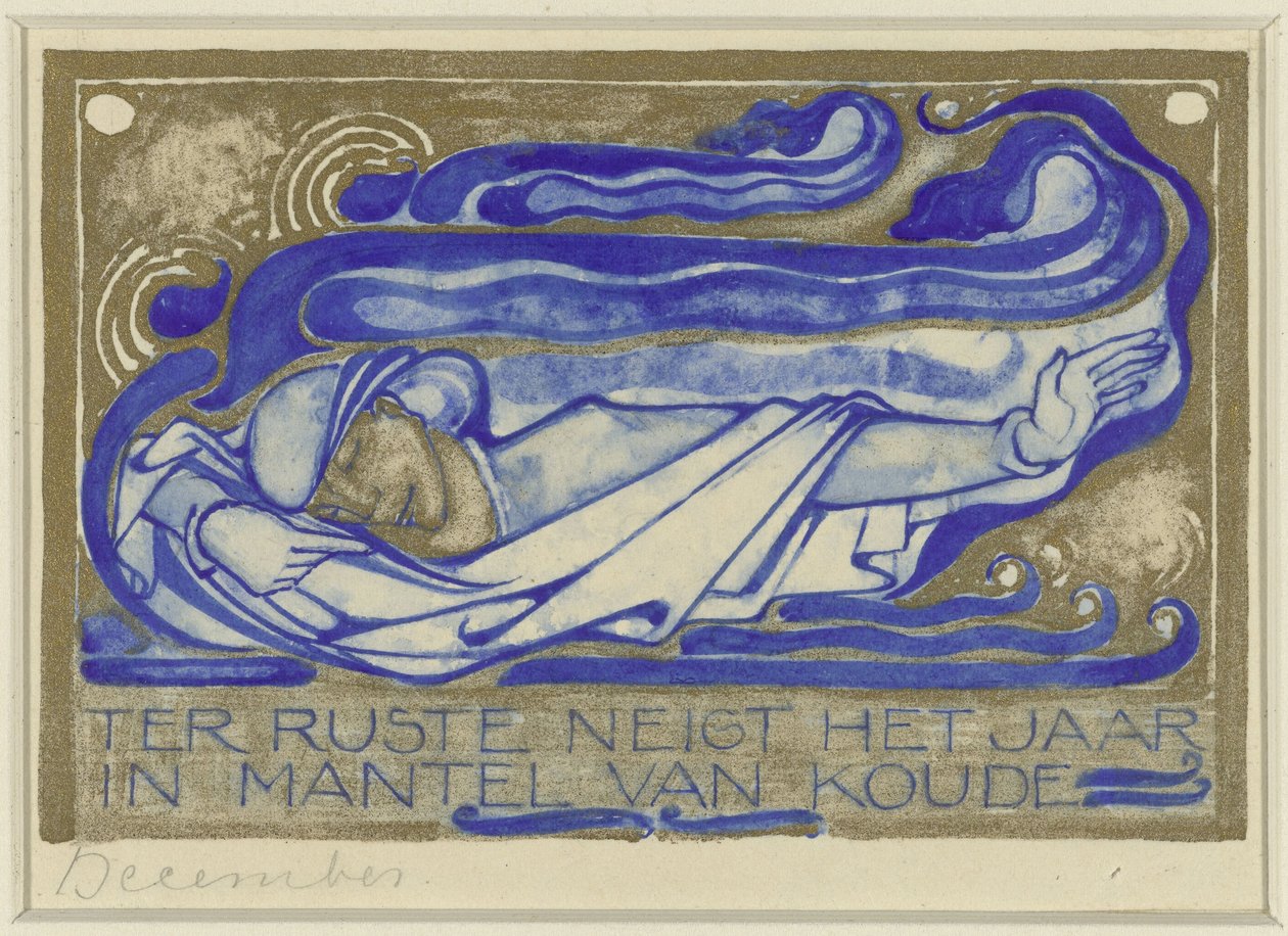 Dinlenmede yıl soğuk bir pelerin içindedir, Aralık (nesne üzerindeki başlık) Hollanda Sanat Derneği Takvimi 1930 için tasarım takvimi sayfası (dizi başlığı) by Willem Arondéus