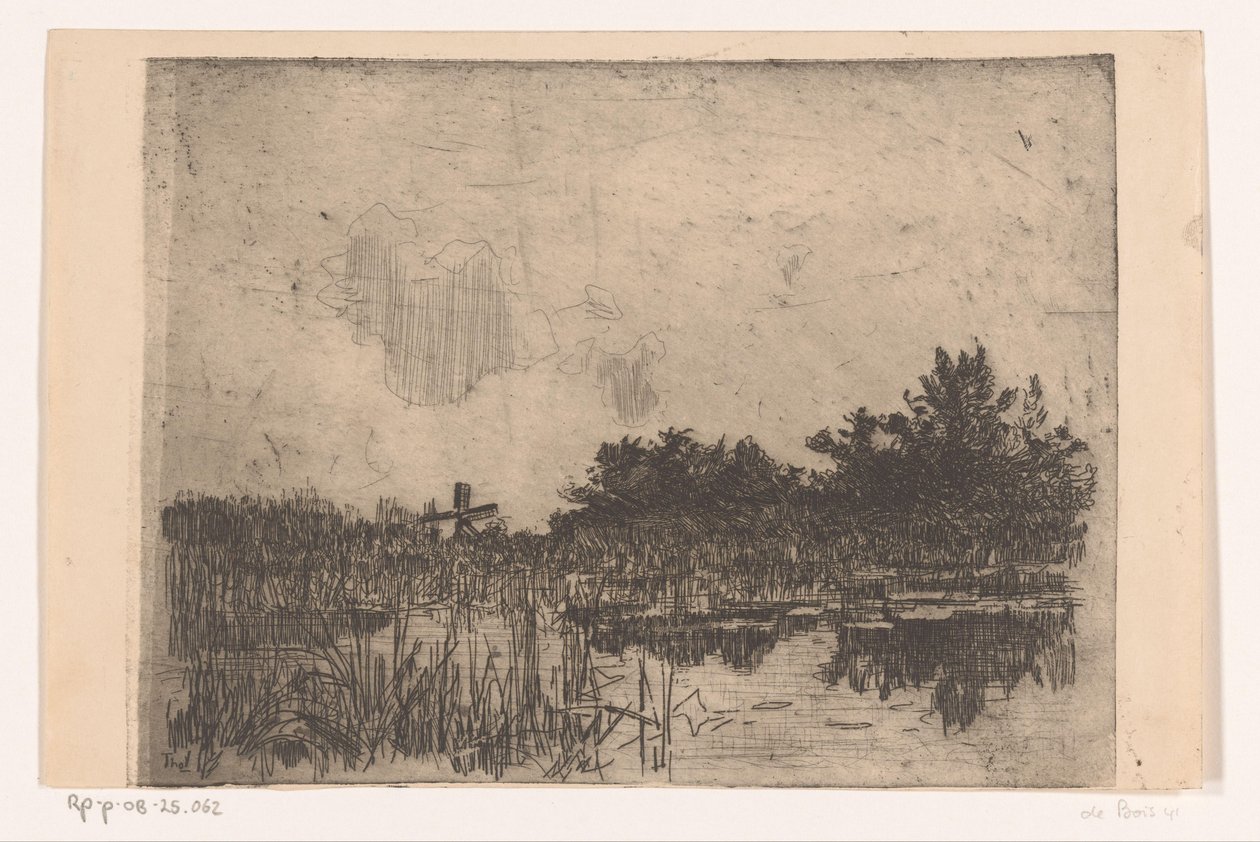 su değirmeni (Giethoorn) ile Giethoorn Kolk yakınında sazlık ve su değirmeni ile Göl, (orijinal başlık) by Willem Bastiaan Tholen