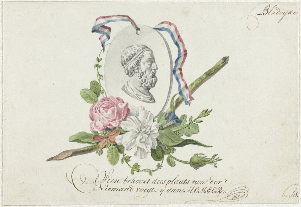 Çiçekler, portre madalyon ve kurdele ile skeç by Willem Bilderdijk