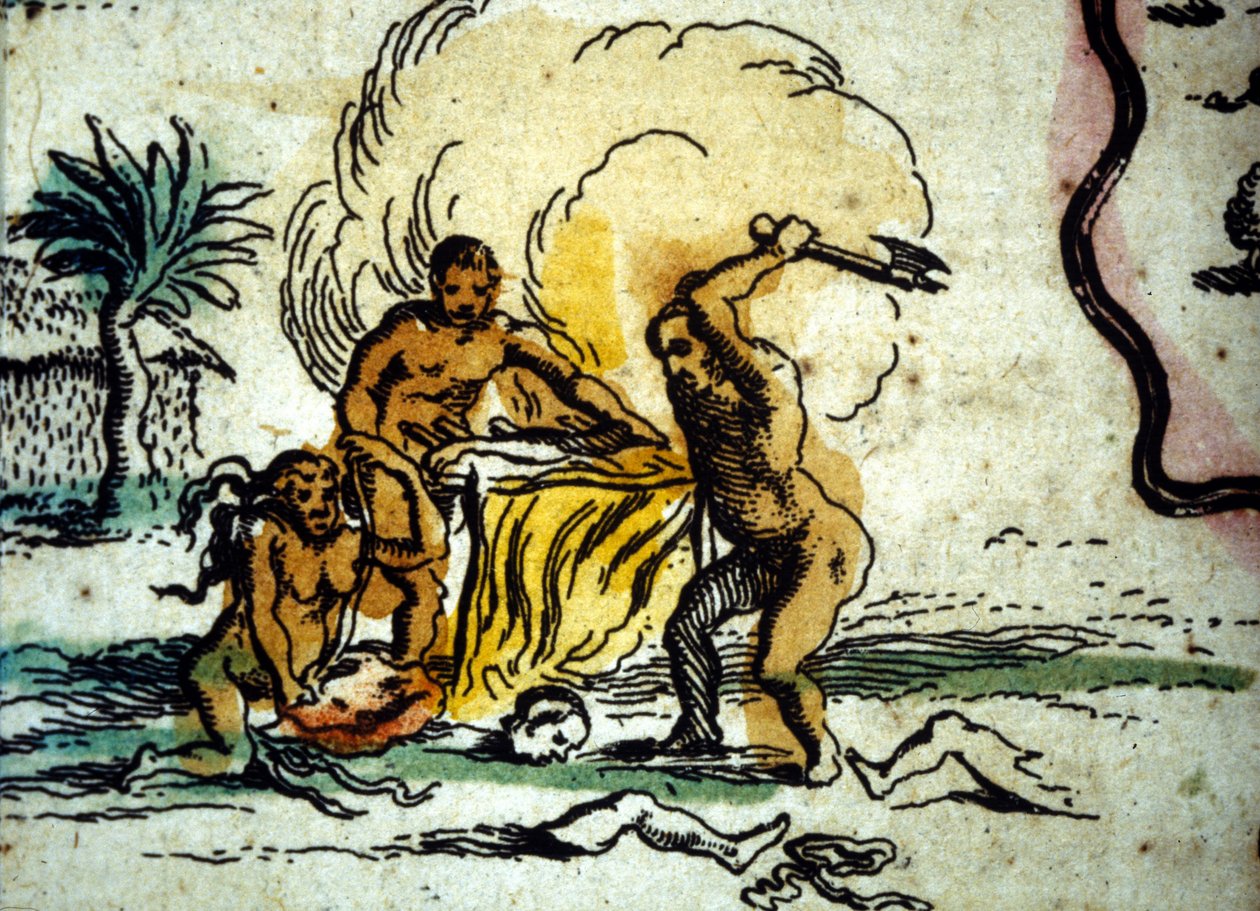 Brezilya. Baltalı bir adamı betimleyen yamyamlar. W. Blaeu Atlası haritasının detayı by Willem Blaeu