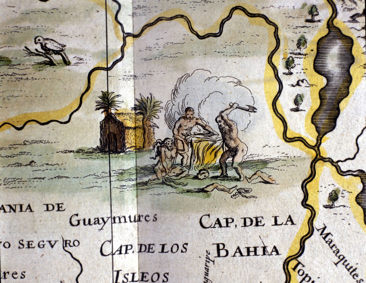 Brezilya. Baltalı bir adamı temsil eden yamyamlar. W. Blaeu Atlası haritasının detayı by Willem Blaeu