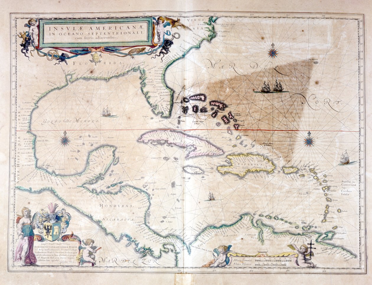 Karayip Denizi: Bermuda Takımadaları, Miami ve Porto Riko arasında Bermuda üçgenini görebilirsiniz. Wilhelm Blaeu