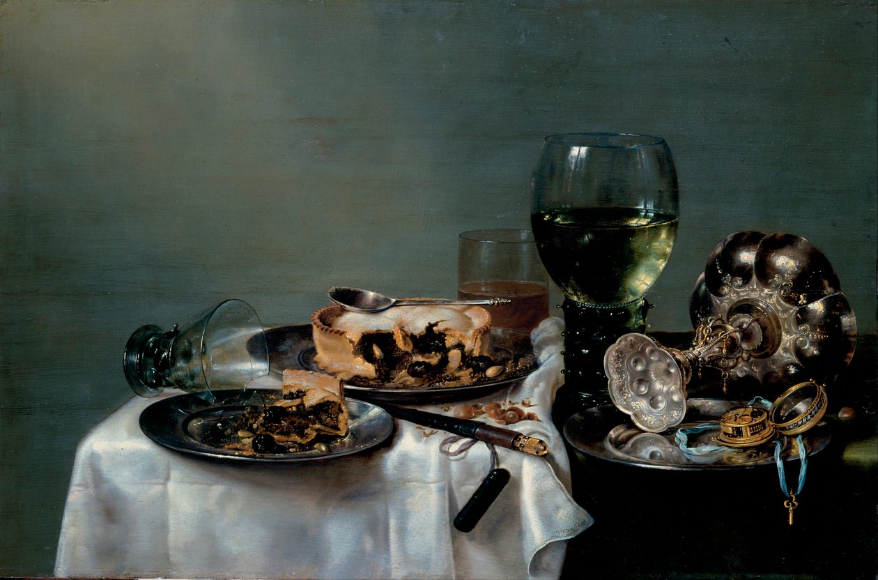 ""Böğürtlenli turta ile kahvaltı masası natürmort"" (Böğürtlenli Turta ile Kahvaltı Masası) Tablo Willem Claesz Heda (1594-1680) 1631 Dim 54x82 cm Tuval üzerine yağlı boya Dresden Devlet Sanat Koleksiyonları Dresden by Willem Claesz. Heda