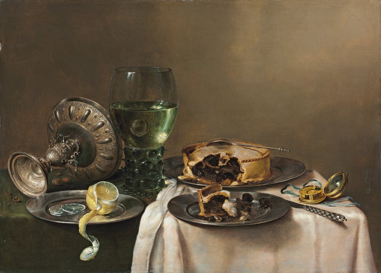 Pronk natürmort, roemer, kalkık gümüş tazza, kalaylı tabakta yarısı soyulmuş limon, turta, saat ve bıçak ile, 1631 by Willem Claesz. Heda